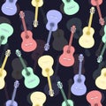 Guitars multicolored seamless pattern, musical background. Colorful drawn guitar on a dark blue . Vector illustration