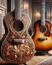 Guitars Music Room Instruments AI Generated Electric Acoustic Playing Display Wall Royalty Free Stock Photo