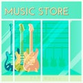 Guitars for sale hanging in a music store. shopping background. Cartoon style. Retail store window. Vector illustration. Royalty Free Stock Photo