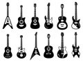 Guitars silhouette. Black electric and acoustic music instrument, rock jazz guitar silhouette, music band guitars vector