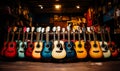Guitars standing in music center. Electric musical instruments. Generative AI