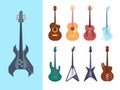 Guitars stylish set. Instruments acoustic for jazz country and heavy metal jumbo string deck form retro modern equipment