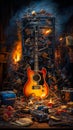 Guitars Tools Music Objects with fire generative AI