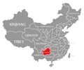 Guizhou red highlighted in map of China