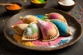 Gujiya- an Indian traditional festive sweet dish. Khoya stuffed fried dumplings arranged on a decorative plate with powder colors