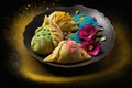 Gujiya- an Indian traditional festive sweet dish. Khoya stuffed fried dumplings arranged on a decorative plate with powder colors