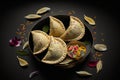 Gujiya- an Indian traditional festive sweet dish. Khoya stuffed fried dumplings arranged on a decorative plate with powder colors