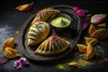 Gujiya- an Indian traditional festive sweet dish. Khoya stuffed fried dumplings arranged on a decorative plate with powder colors