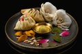 Gujiya- an Indian traditional festive sweet dish. Khoya stuffed fried dumplings arranged on a decorative plate with powder colors
