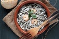 Gulas with garlic and prawns Royalty Free Stock Photo