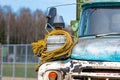 Vintage Soviet truck ZIL 130 in the village, close-up front details