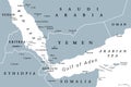 Gulf of Aden area, connecting Red Sea and Arabian Sea, gray political map