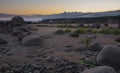 Gulf of Finland, Baltic Sea. Boulders surrounded by water at sunset. Naval Cape in the Leningrad Royalty Free Stock Photo