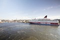 Gulf of Finland, July 27, 2020 Panorama of Helsinki and VIKING Line Ferries, sunny day