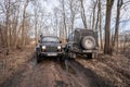 jeep Wrangler and land Rover defender on a forest road Royalty Free Stock Photo