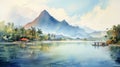 Gulf Of Indonesia Watercolor Painting With Palm Trees And Mountains Royalty Free Stock Photo