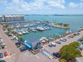 Gulf of Mexico Florida. Sailboat, yacht, boat dock. Aerial view of dock. Boats moored by the pier. Parking lot for cars Royalty Free Stock Photo