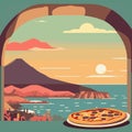 Gulf of Naples with pizza at the sunset