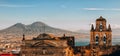 Gulf of Naples at sunset with a view of Vesuvius, panorama seen from Castel Sant`Elmo Royalty Free Stock Photo