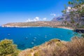 The gulf outside of the amazing caves of Dirou with fishing boats and turquoise waters, Peloponnese.