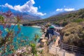 The gulf outside of the amazing caves of Dirou with fishing boats and turquoise waters, Peloponnese.