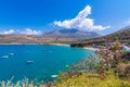 The gulf outside of the amazing caves of Dirou with fishing boats and turquoise waters, Peloponnese.