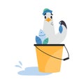 Gull Character with Webbed Feet Wearing Peakless Hat Sitting in Bucket with Fish Vector Illustration