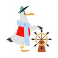 Gull Character with Webbed Feet Wearing Scarf and Hat Steering Boat Wheel Vector Illustration