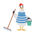 Gull Character with Webbed Feet Wearing Striped Sweater and Hat with Mop and Bucket Vector Illustration