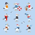 Gull Character with Webbed Feet Wearing Striped Vest and Hat with Anchor and Steering Wheel Vector Set Royalty Free Stock Photo