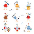 Gull Character with Webbed Feet Wearing Striped Vest and Hat with Bucket and Steering Wheel Vector Set Royalty Free Stock Photo