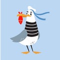 Gull Character with Webbed Feet Wearing Striped Vest and Hat Holding Fish with Bill Vector Illustration