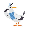 Gull Character with Webbed Feet Wearing Striped Vest and Hat Saluting Vector Illustration