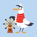 Gull Character with Webbed Feet Wearing Striped Vest and Hat Steering Boat Wheel Vector Illustration