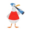 Gull Character with Webbed Feet Wearing Striped Vest and Hat Watching Binoculars Vector Illustration Royalty Free Stock Photo