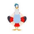 Gull Character with Webbed Feet Wearing Striped Vest and Peakless Hat with Lifebuoy Vector Illustration