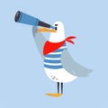 Gull Character with Webbed Feet Wearing Striped Vest Watching Binoculars Vector Illustration Royalty Free Stock Photo