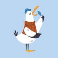 Gull Character with Webbed Feet Wearing Sweater and Peakless Hat Eating Fish Vector Illustration