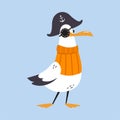 Gull Character with Webbed Feet Wearing Sweater and Pirate Hat with Eye Patch Vector Illustration
