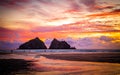 Gull rocks at sunset in Hollywell Bay in Cornwall