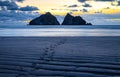 Gull rocks at sunset in Hollywell Bay in Cornwall