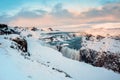 Gullfoss waterfall view in the canyon of the Hvita river during winter snow Iceland Royalty Free Stock Photo