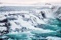 Gullfoss waterfall view in the canyon of the Hvita river during winter snow Iceland Royalty Free Stock Photo