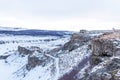 GULLFOSS, ICELAND - March 4, 2020: Tourists at the observation deck look at Gullfoss waterfall in Iceland