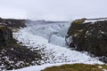 Gullfoss waterfall from Reykjavik in Iceland. A half frozen triangle as the Hvita River falls into a wintry gorge in Western