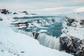 Gullfoss waterfall view in the canyon of the Hvita river during winter snow Iceland Royalty Free Stock Photo