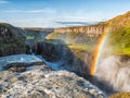 Gullfoss wild waterfall, strong running water and rainbow, Iceland Royalty Free Stock Photo