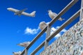 Gulls, blue sky, airplane Royalty Free Stock Photo