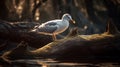 Seagulls are sunbathing on a tree branch near the lake