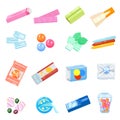 Gum icons set cartoon vector. Chewing bubble